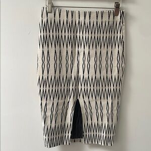 Zara Midi Pencil Skirt Boho Tribal Aztec Print Ivory Black Stretchy Cotton S